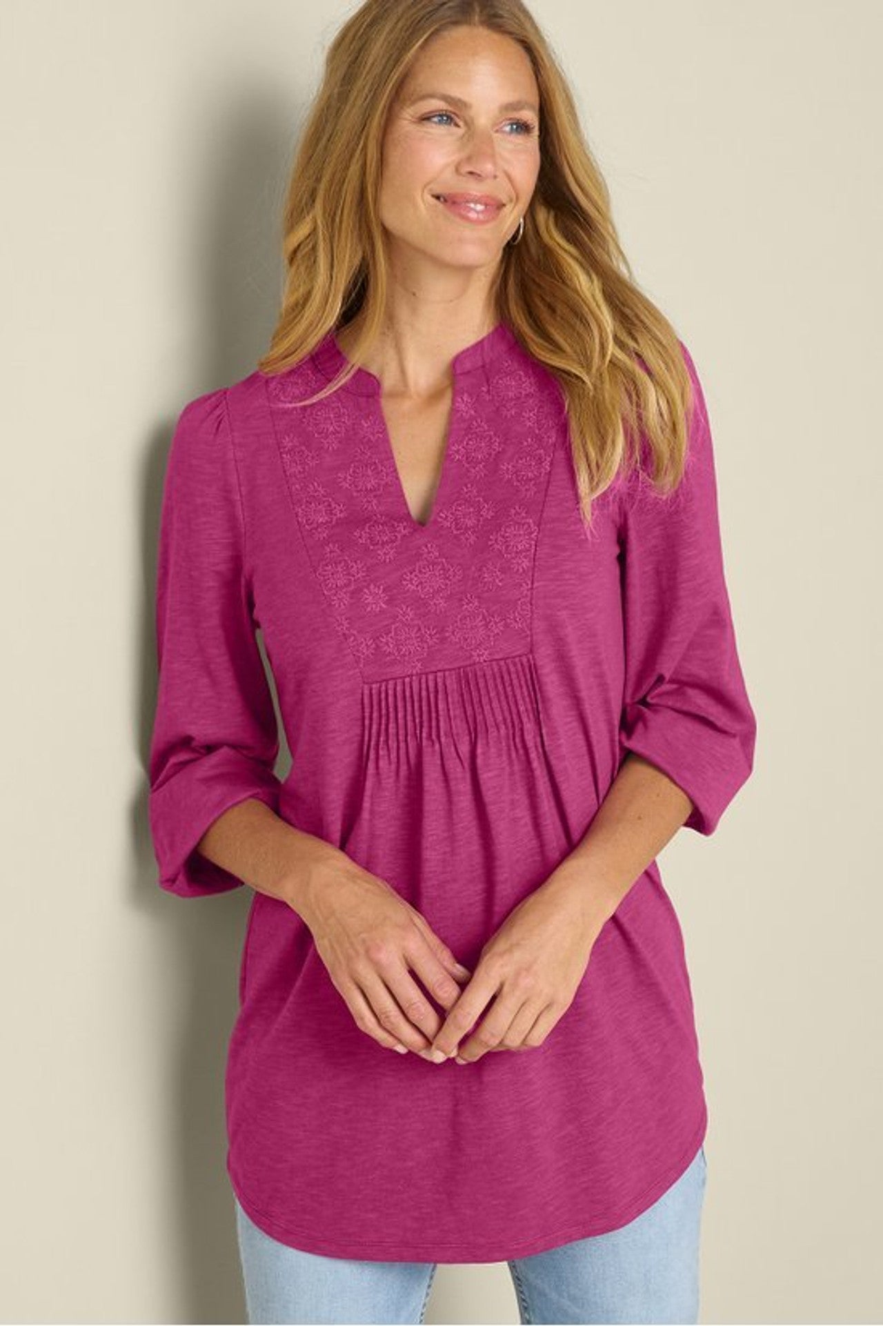 mikaela embroidered 3 4 sleeve tunic