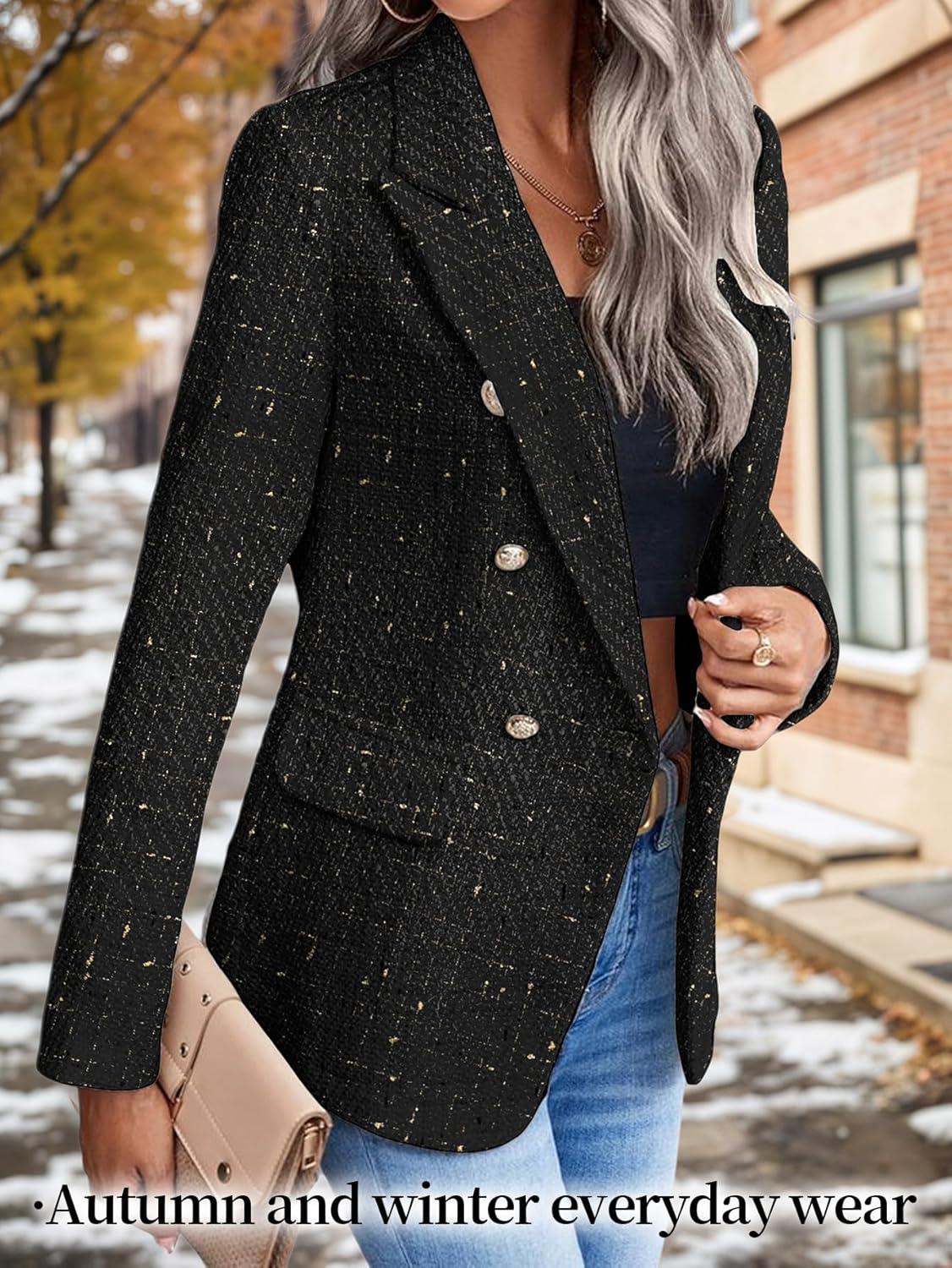2025 fall winter womens tweed blazer jacket plaid fully lined fashion business casual lapel elegant coat pockets