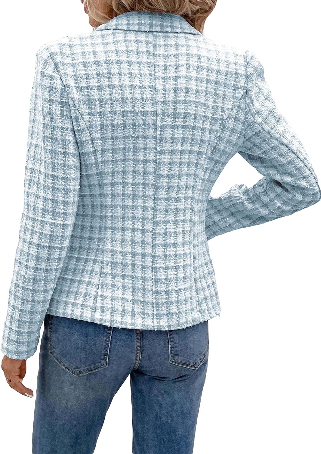 2025 womens spring tweed blazer plaid fashion slim fully lined double breasted casual work jacket with pockets