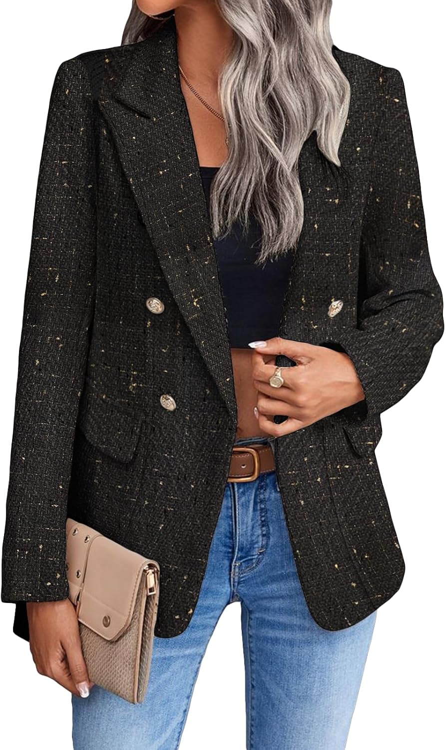 2025 fall winter womens tweed blazer jacket plaid fully lined fashion business casual lapel elegant coat pockets