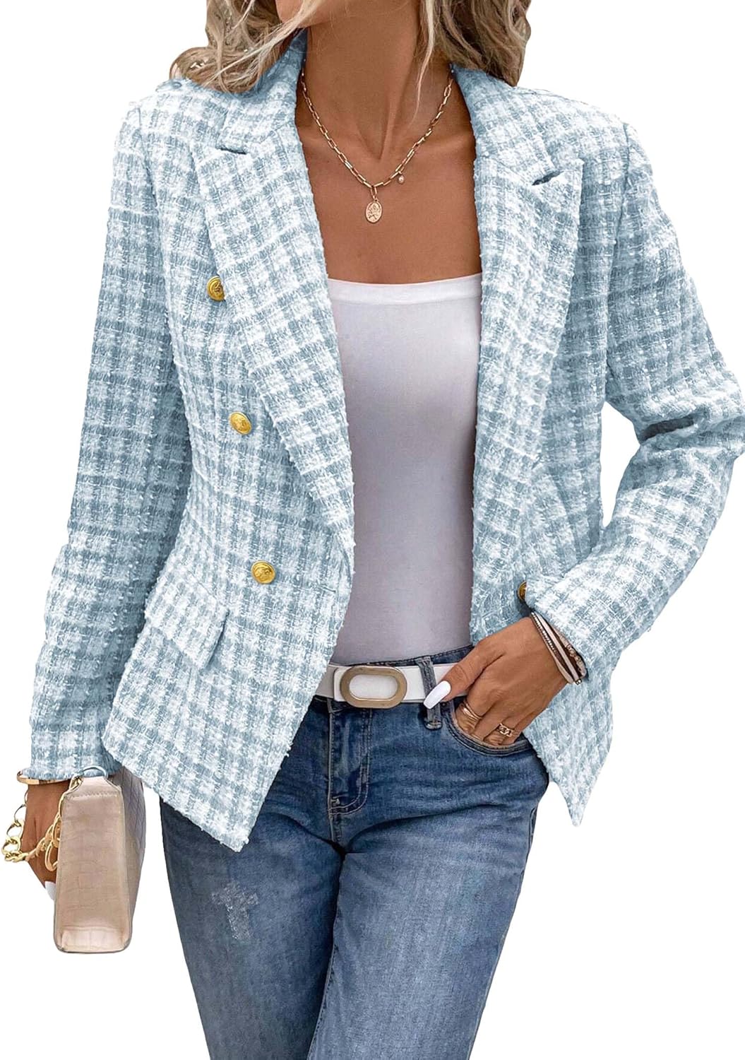 2025 womens spring tweed blazer plaid fashion slim fully lined double breasted casual work jacket with pockets